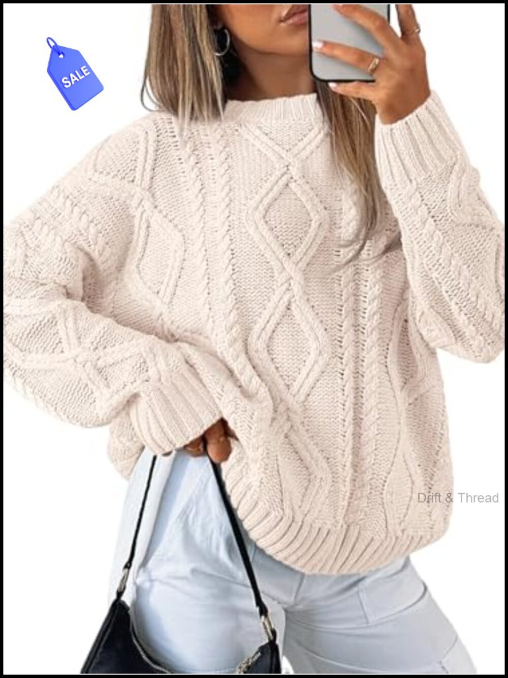 Oversized Cable Knit Crew Neck Pullover Sweater Cotton Blend Fall Layer